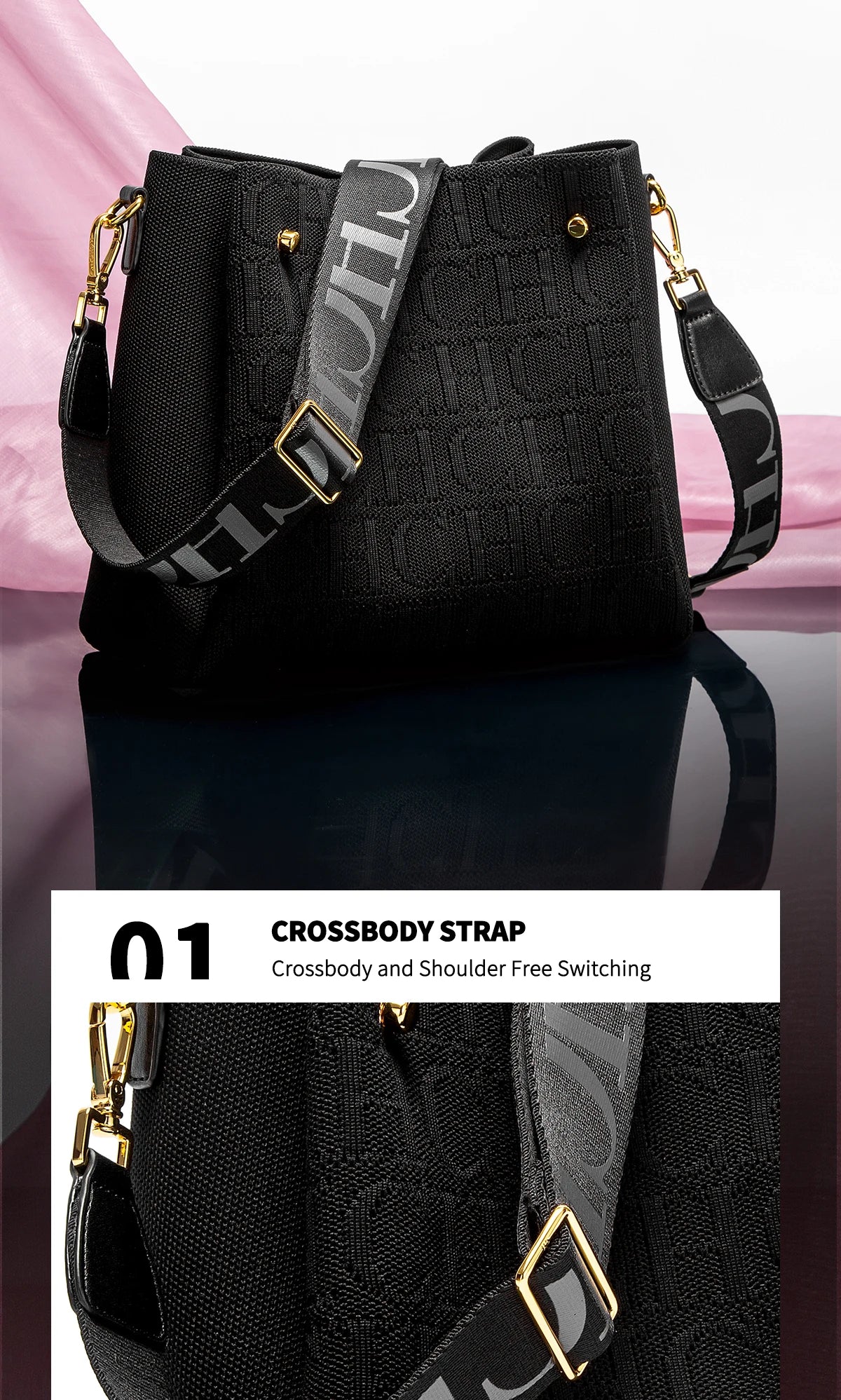 CH New Jacquard Letter Women Bucket Bag Wide Printed Strap Crossbody Purse Large Capacity Ladies Casual Daily Handbag Gift
