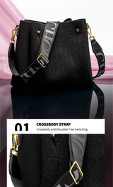 CH New Jacquard Letter Women Bucket Bag Wide Printed Strap Crossbody Purse Large Capacity Ladies Casual Daily Handbag Gift