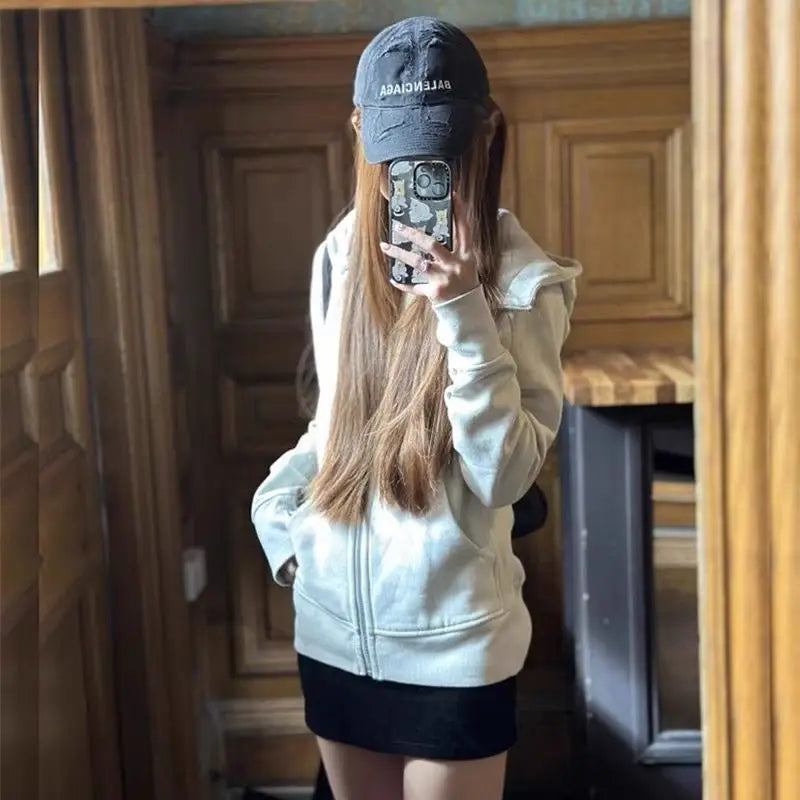 Streetwear Black Hoodie Coat 2025 Women's Clothing Hooded Zipper Slim Fit Y2k Jackets Casual Fashion Sweatshirts Tops Ropa Mujer
