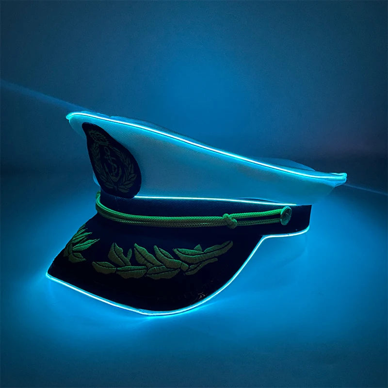 New Luminous White Sailor Captain Yacht Caps Wheat Embroidery LED Glow Navy Marine Hat Men Women Cosplay Halloween Costume Hats