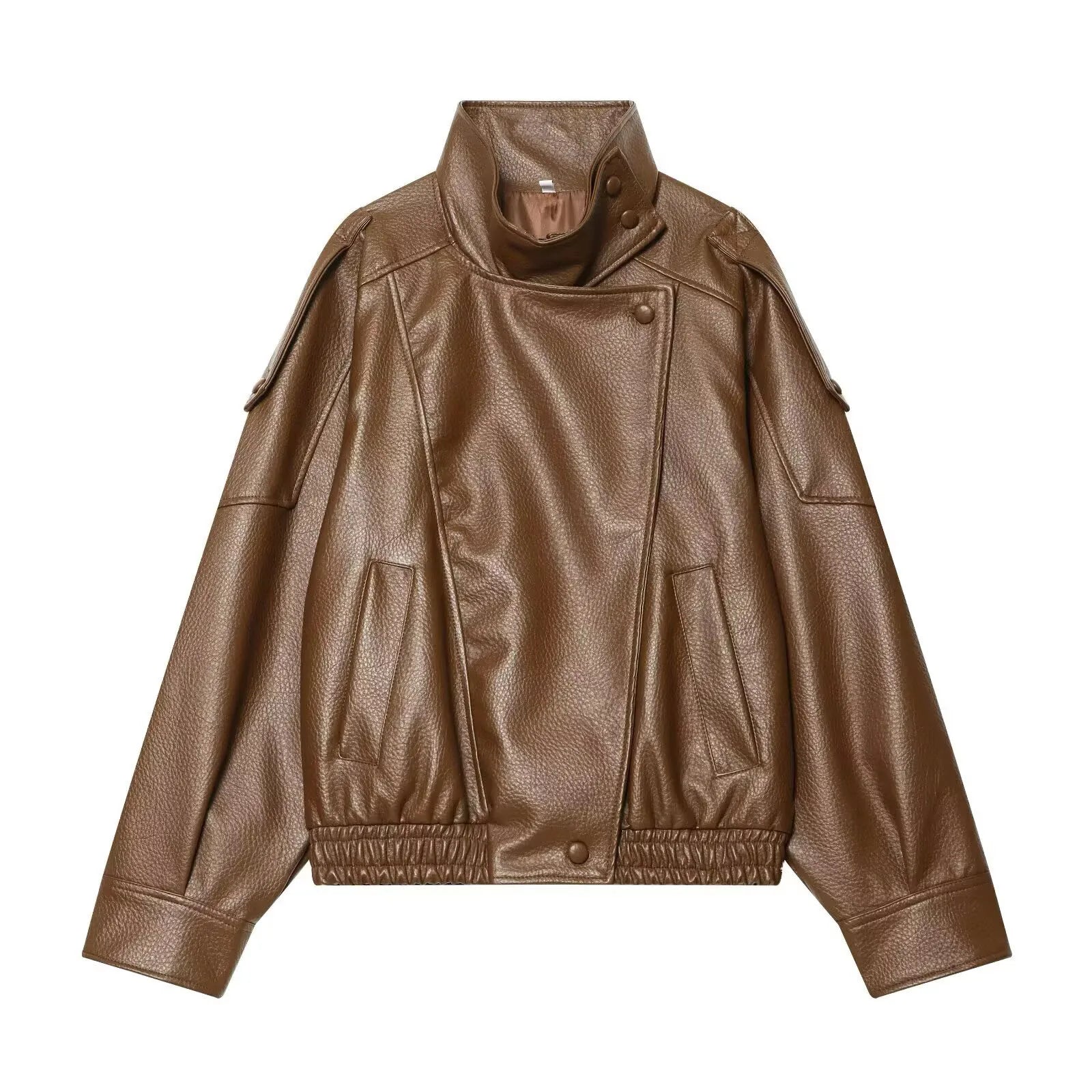 TFMLN Chic Black Faux Leather Jackets Women Long Sleeve Buttons Elastic Oversized Coats Fashion 2025 Autumn Winter Streetwear