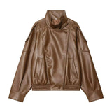 TFMLN Chic Black Faux Leather Jackets Women Long Sleeve Buttons Elastic Oversized Coats Fashion 2025 Autumn Winter Streetwear