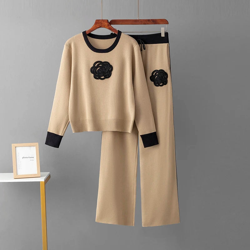 Autumn Color-Block Knit Set | Loose Split Top & Wide Leg Pants