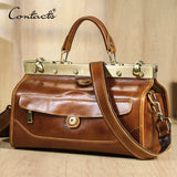 CONTACT'S Genuine Leather Top Handle Bags for Women Sling Shoulder Bags Tote Bag Handbags Metal Frame Female Bags Office Ladies