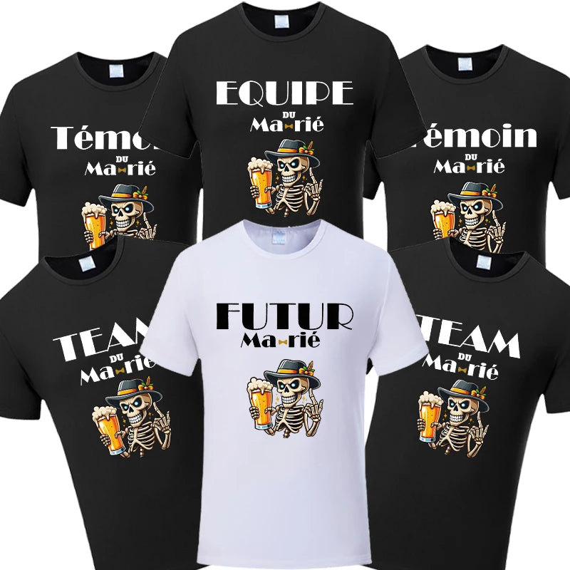 French Funny Single Farewell Bachelor Party T-shirt Wedding Beer Skeleton Tops Evg Team Married Tee Future Groom Man Squad Shirt