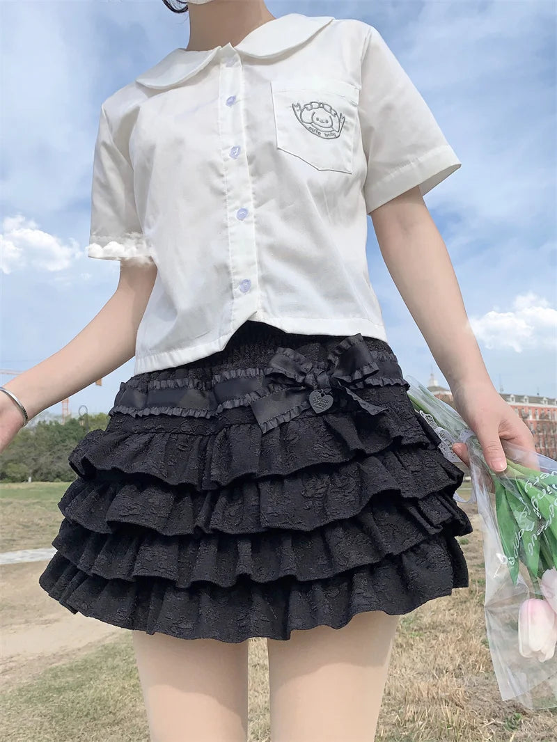 Kawaii Bow Mini Skirt – Ruffle Tiered A-Line