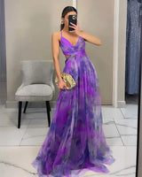 Off-Shoulder Lace Print Halter Maxi