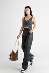 Women's High Waist Faux Leather Wide Leg Fleece Pants