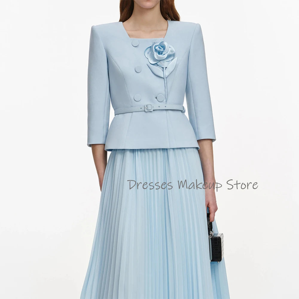 Customized 2 Pieces Cocktail Dress Light Sky Blue 3/4 Sleeves Modern Cocktail Gowns for Women 2026 Tea Length Formal Party Dress