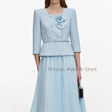 Customized 2 Pieces Cocktail Dress Light Sky Blue 3/4 Sleeves Modern Cocktail Gowns for Women 2026 Tea Length Formal Party Dress