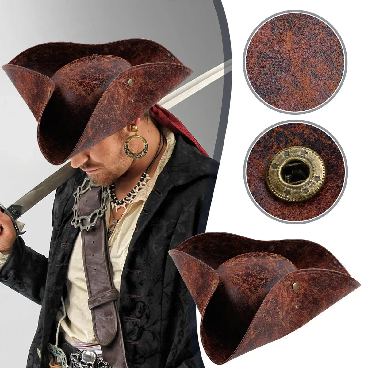 Faux Leather Pirate Hat Brown Captain Hat Vintage Button Masquerade Party Cosplay Costume Hat For Men Women Photography Props