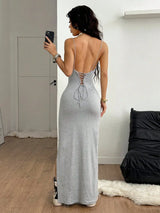 Y2K Woven Tape Split Maxi Dress