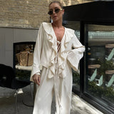 Linad Casual Loose Apricot Outfits Fashion Ruffles Flare Sleeve Blouse With High Waist Pant 2 Piece Sets Summer Long Pants Suits