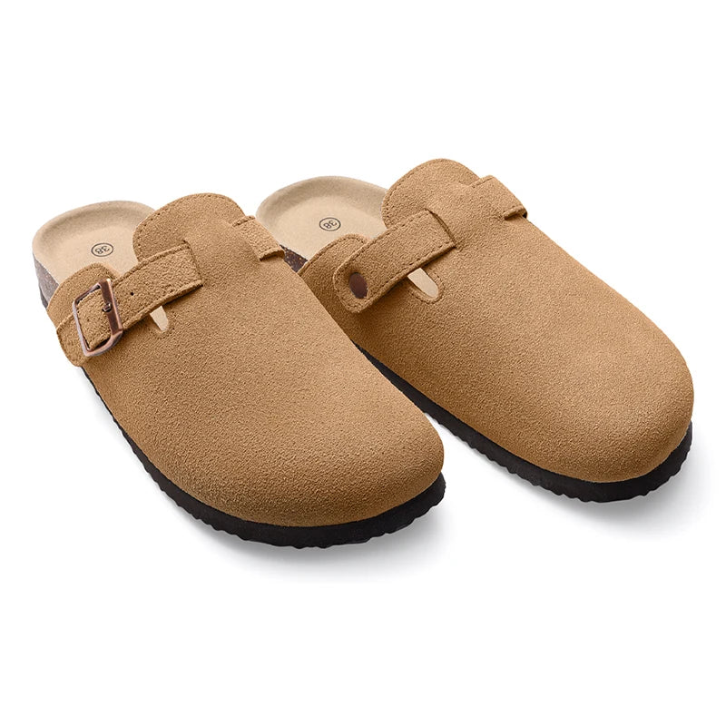 Evshine Men's Suede Clogs Fashion Leather Mules Cozy Footbed Slippers With Adjustable Buckle AntiSlip Cork Slippers Unisex Mules