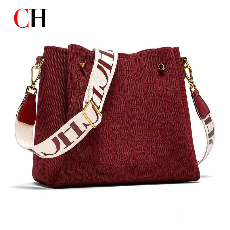 CH New Jacquard Letter Women Bucket Bag Wide Printed Strap Crossbody Purse Large Capacity Ladies Casual Daily Handbag Gift