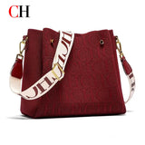 CH New Jacquard Letter Women Bucket Bag Wide Printed Strap Crossbody Purse Large Capacity Ladies Casual Daily Handbag Gift
