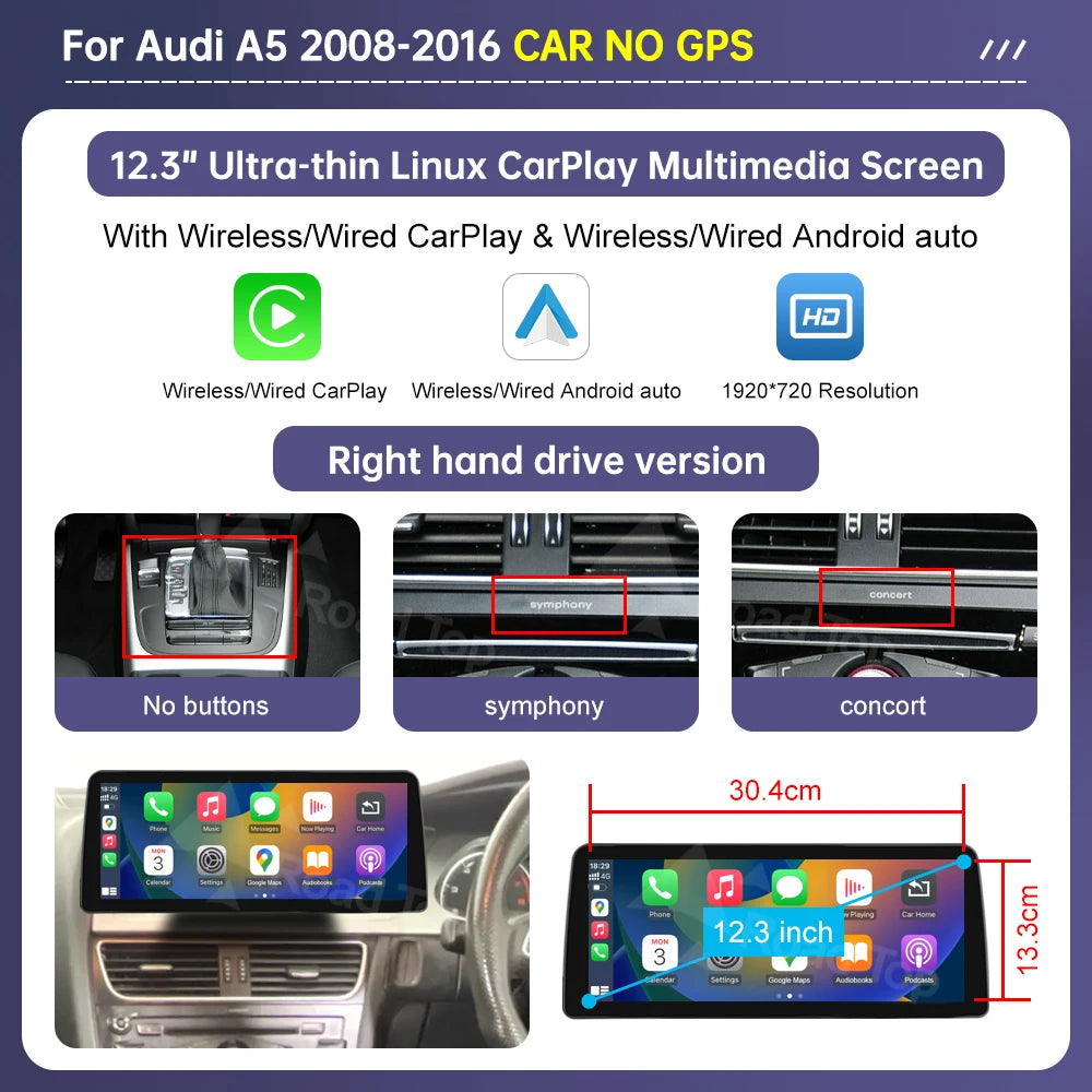 Road Top 8.8"/12.3" Touch Screen for Audi A5 2008–2016