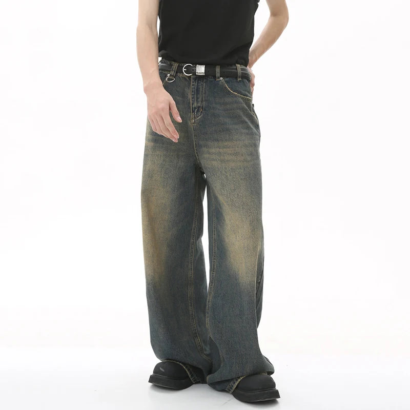 Men's Washed Blue Loose Straight-Leg Jeans