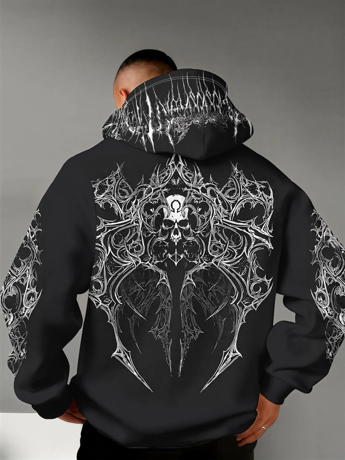 Men's Winter-Spring Hooded Sweatshirt with Skull Pattern for Casual Roller Skating Hip-Hop Streetwear