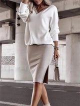 Autumn Winter Casual Loose V-neck Sweatshirt Suit Women's Tight Skirt Long-sleeved Top Two-piece Set New Fashion Holiday Sets