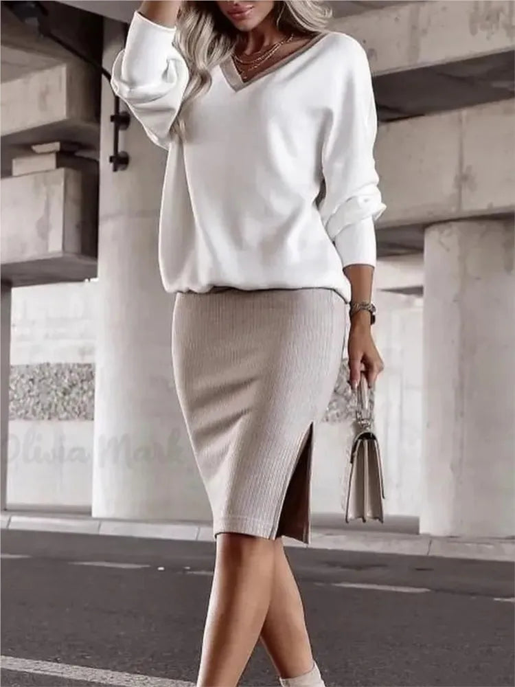 Autumn Winter Casual Loose V-neck Sweatshirt Suit Women's Tight Skirt Long-sleeved Top Two-piece Set New Fashion Holiday Sets