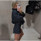Fashion Navy Polka Dot Shorts Set For Women Casual Stand Collar Zipper Jacket & High Waist Shorts Lady 2026 Spring Chic Outfits