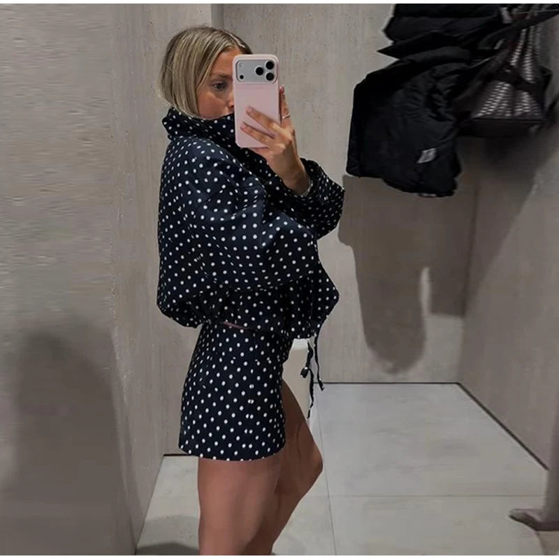 Fashion Navy Polka Dot Shorts Set For Women Casual Stand Collar Zipper Jacket & High Waist Shorts Lady 2026 Spring Chic Outfits