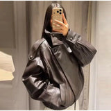 2026 Autumn Women's Faux Leather Jacket Brown Black Long Sleeve Stand Collar Thick Loose Lady Coat Fashion Motorcycle Streetwear