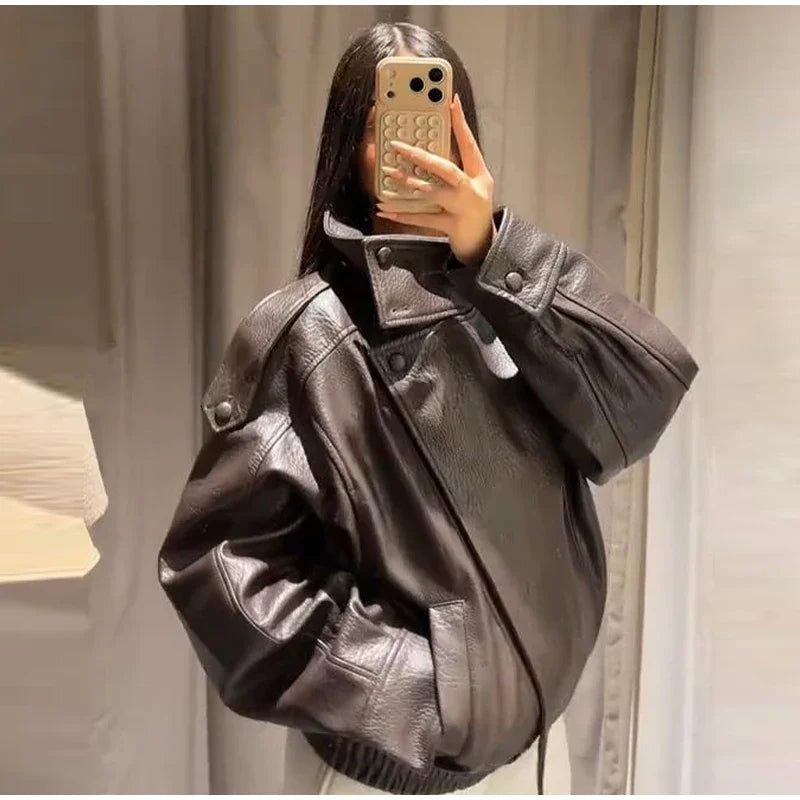 2026 Autumn Women's Faux Leather Jacket Brown Black Long Sleeve Stand Collar Thick Loose Lady Coat Fashion Motorcycle Streetwear