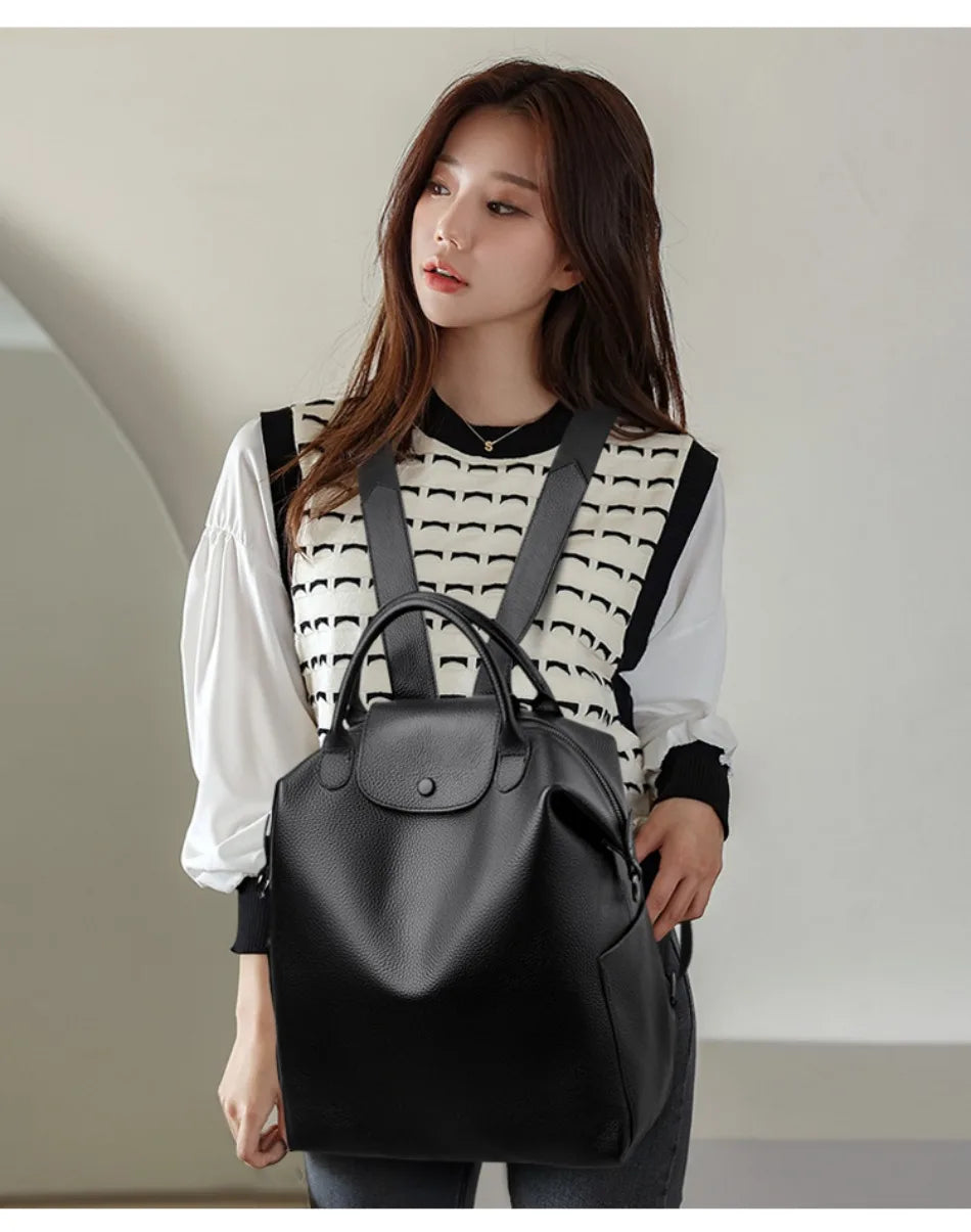100% Genuine Cowhide Leather Women Backpack Large Capacity School Back Pack Female Casual Travel Bagpack Rucksacks for Girls Sac