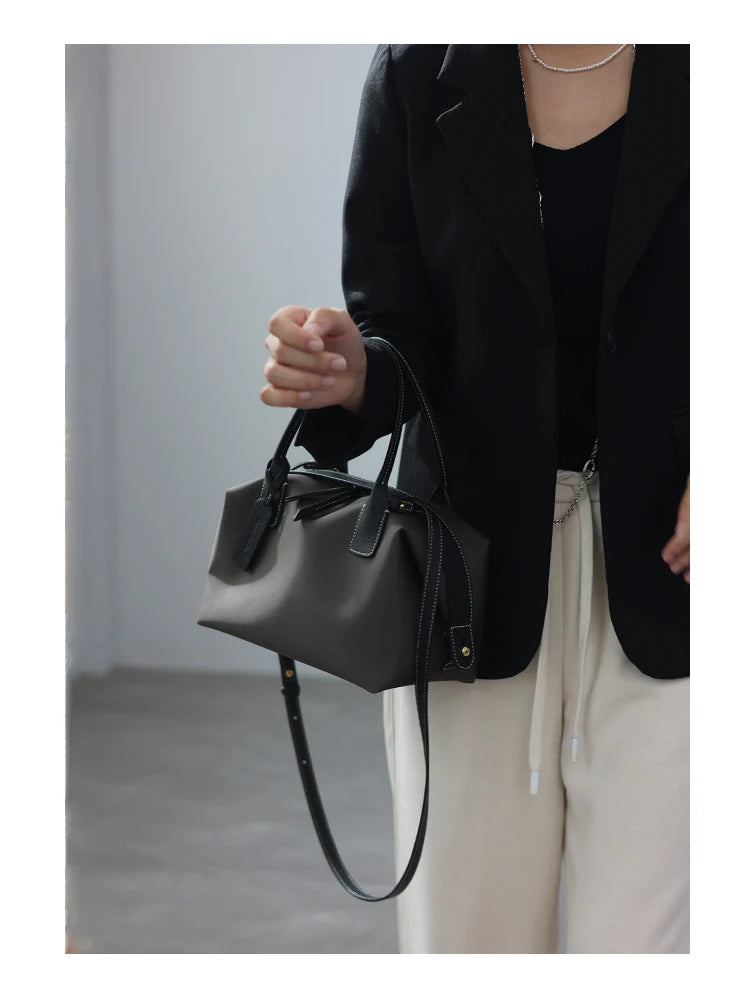 Women's Nylon With Genuine Leather Zipper Tote Lightweight Soft Travling Bags Versatile Style Handbag Different Colors And Size