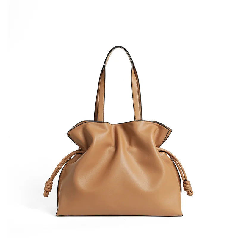 Autumn Winter High-End Leather Bucket Bag Drawstring Pleated Soft Cowhide Single Shoulder Tote Lucky Bag for Women