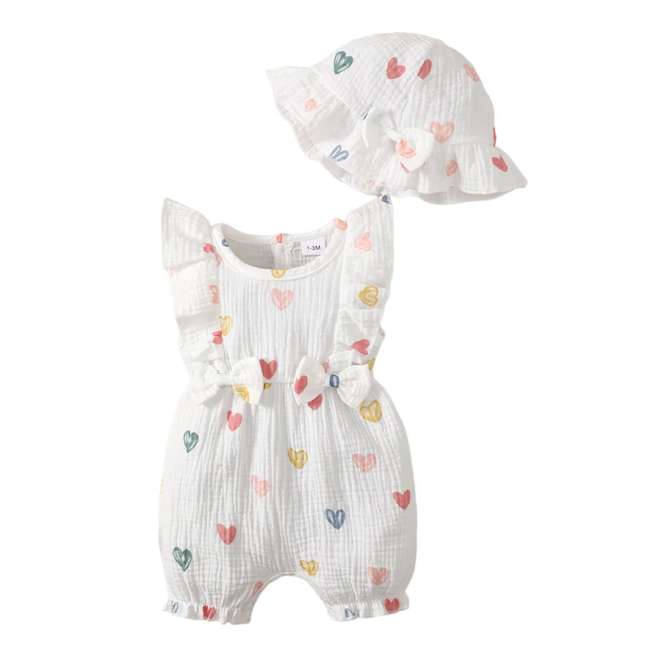 0-18 Months Baby Girl Clothes Set 2Pcs Daisy Print Romper Ruffle Bow Jumpsuit + Hat Summer Infant Newborn Casual Clothing Outfit