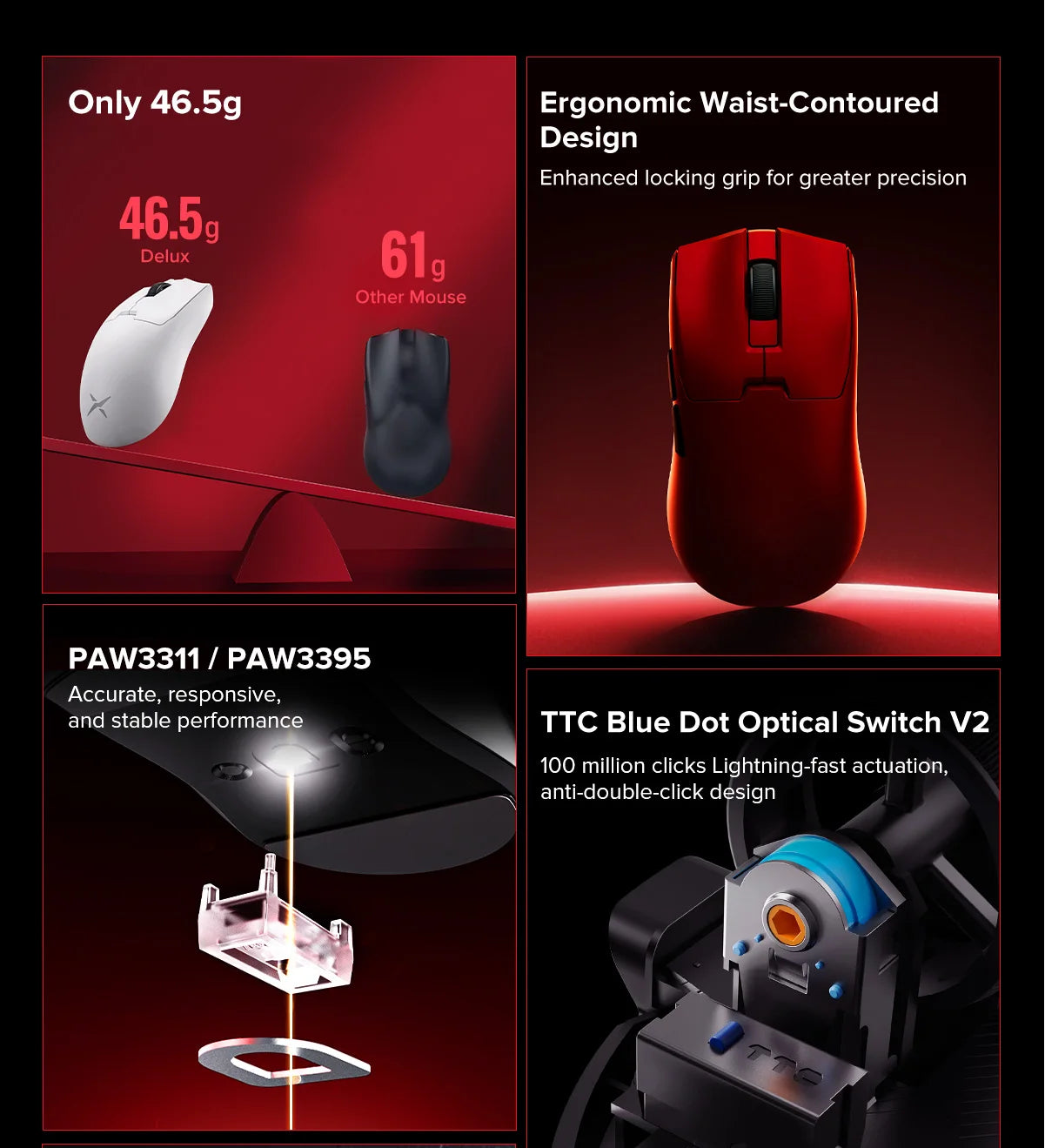 Delux M800mini Wireless Gaming Mouse, 46g Lightweight,PAW3311,1KHz Polling Rate Recharge Mice for Small to Medium Hand PC Gamer