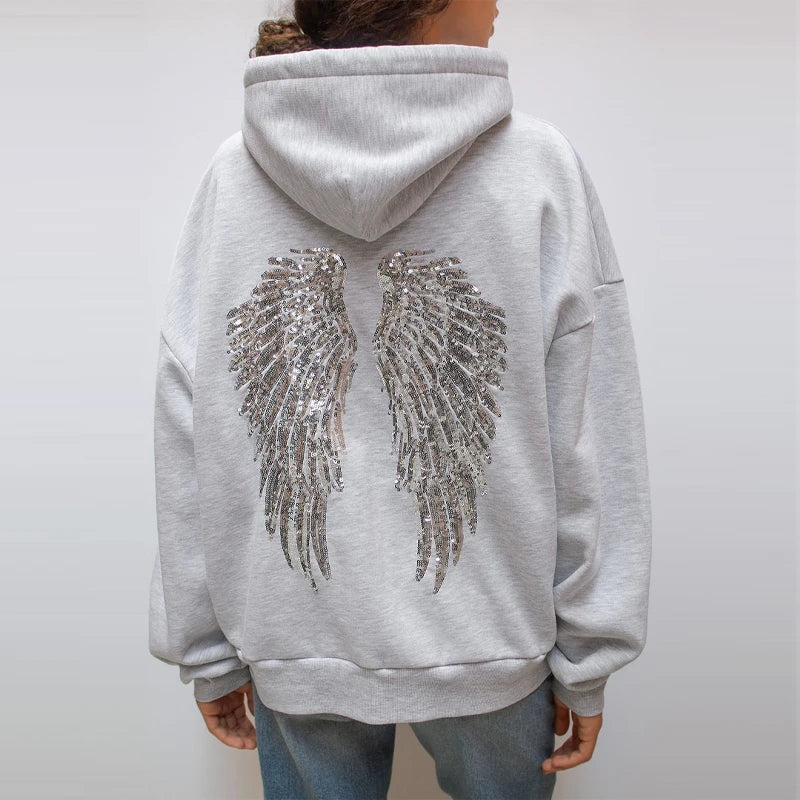 Trendy Creative Hooded Sweatshirt Wing Patterns Chic Designed Fashion Casual Long Sleeved Tops Versatile Women's Autumn Wear
