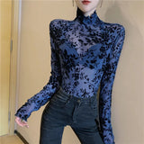 Women's Flocking Mesh Long Sleeve Top Floral Turtleneck