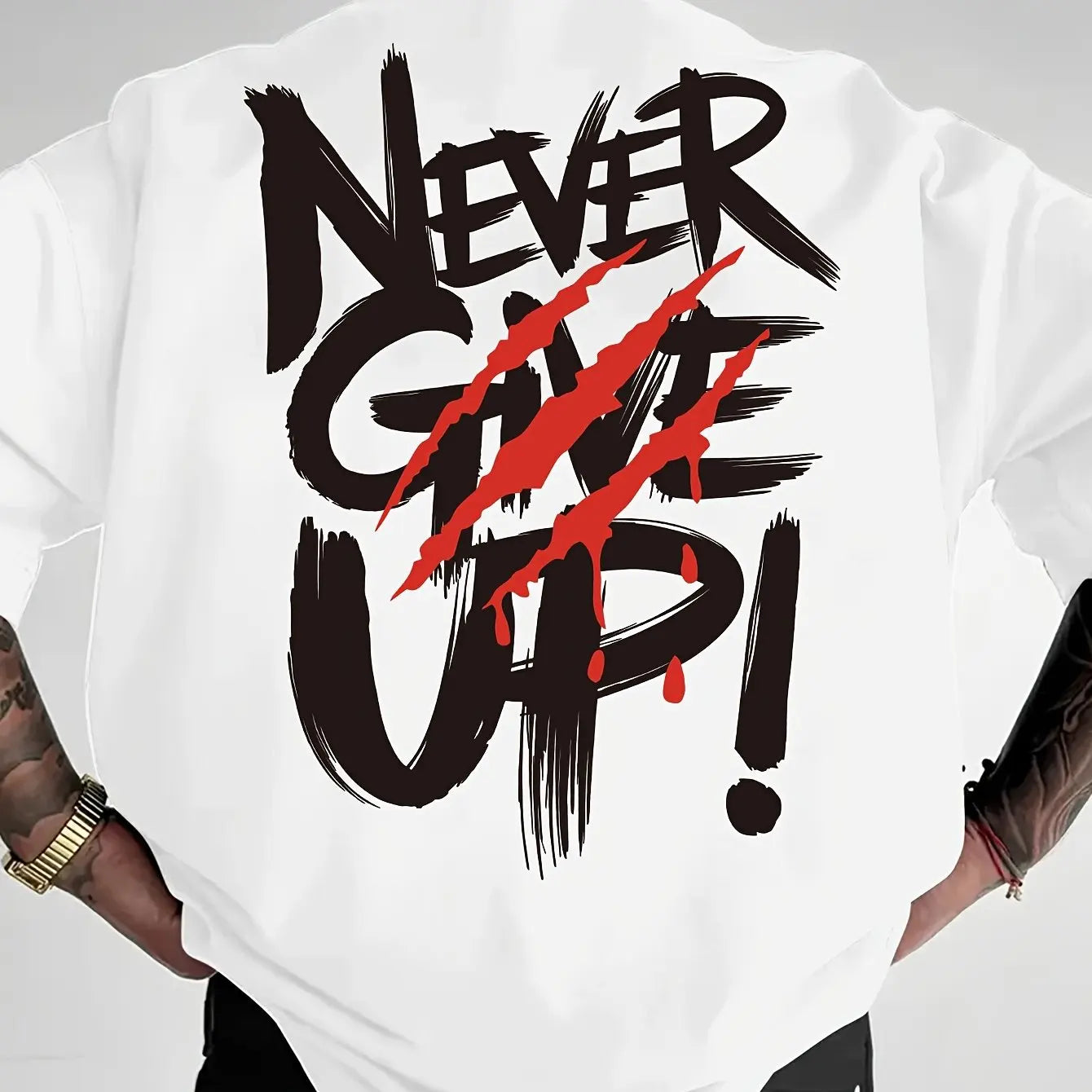 Men's "Never Give Up" 100% Pure Cotton Graphic Tee - Loose Fit