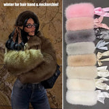 Fluffy Faux Fur Headband Neckerchief 2 in 1 Winter Thermal Plush Ear Warmer Collar Scarf  Satin Ribbon Bow Women Hair Band