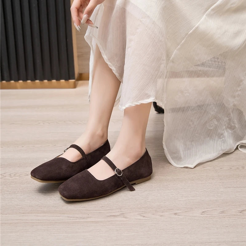 AIYUQI Women's Genuine Leather Square-Toe Ballet Flats