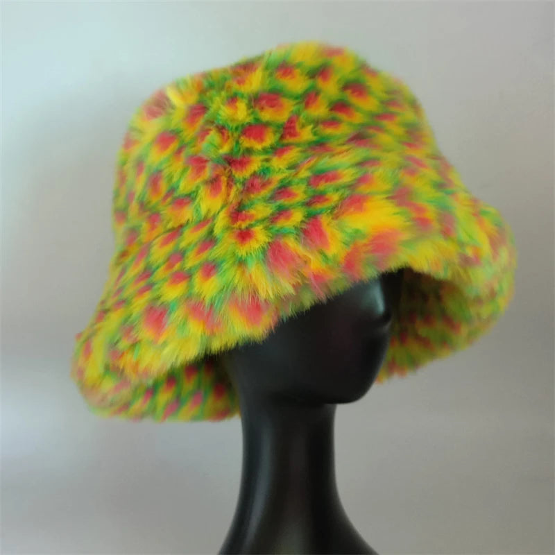 1pcs Winter Faux Fur Bucket Hat Warm Fluffy Plush colorful soft Winter hat Personality fur Fisherman Hats for women Plush hat겨