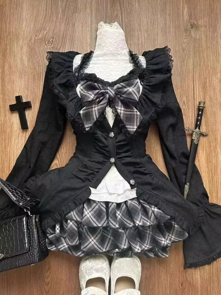 Japanese Sweet Preppy Style Skirt Set Women Kawaii Lace Patchwork Bow Tops + Y2k Plaid Mini Skirt Elegant Outifits 2 Piece Set