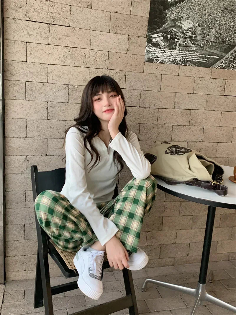 Plaid Plush Wide-Leg Trousers