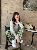 Plaid Plush Wide-Leg Trousers
