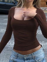 Autumn Slim-Fit Square Collar Long Sleeve T-Shirt | Women's Chic Casual Streetwear