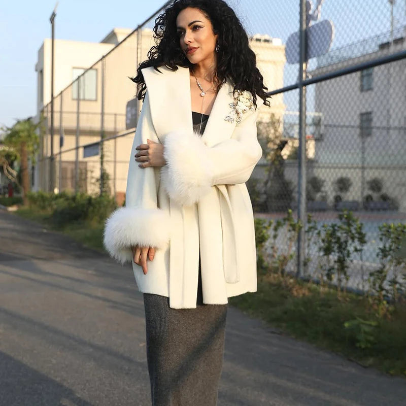 Elegant Fox Fur & Double-Sided Wool Coat