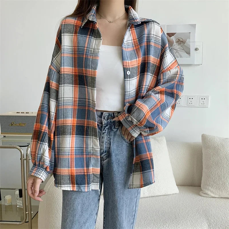 Vintage Plaid Long-Sleeve Blouse