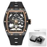 MEGIR Men Wristwatch Fashion Black Waterproof Automatic Mechanical Watch with Luminous Hands Silicone Strap Tonneau Dial 2242