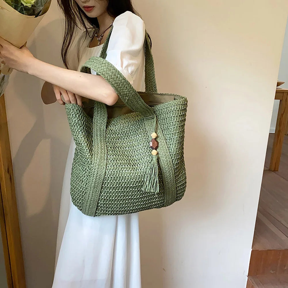 Woven Handbags Ladies Summer Woven Totes Bag with Tassel Women Shoulder Bag Large Capacity Fashion Straw Female Shopper Bag