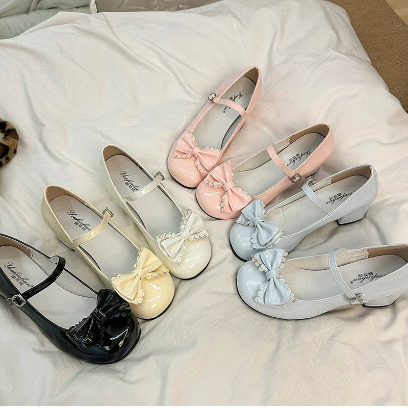 Cute Butterfly-knot Women Lolita Mary Jane Shoes Concise Thick Heel Leather Shoes Ladies Shallow Pumps