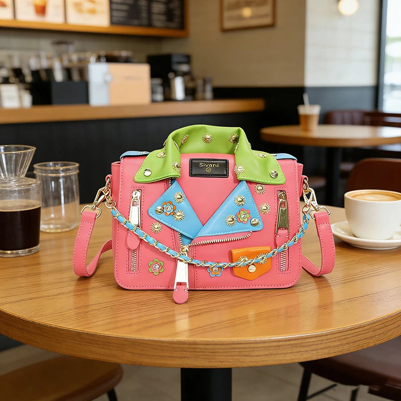 Jacket Collar Shaped Crossbody Shoulder Bag,Women Metal Flower Studded Handbag ,Niche Designer Streetwear Fashion Rivet Tote Bag